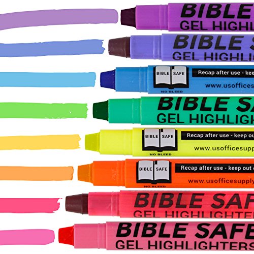 U.S. Office Supply Bible Safe Gel Highlighters, 6 Pack Set - 6 Different Bright Neon Fluorescent Highlight Colors Yellow, Orange, Pink, Purple, Green, Blue - Won't Bleed, Fade or Smear - Study Guide